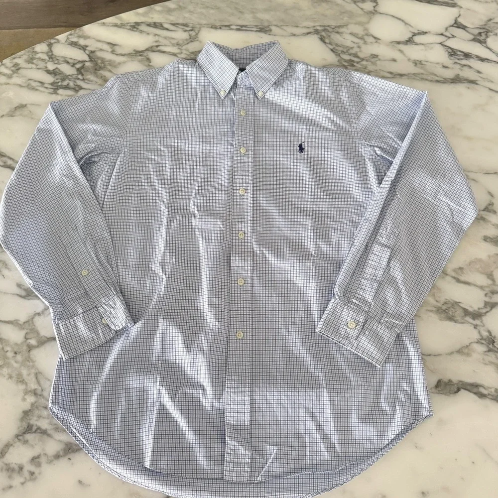 Polo Ralph Lauren Cotton Men's White and Blue criscross long sleeve shirt, M
